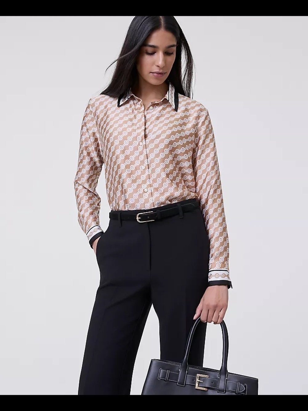 Ann Taylor Beige Chain-Print Button-Down Shirt with Black Trim
